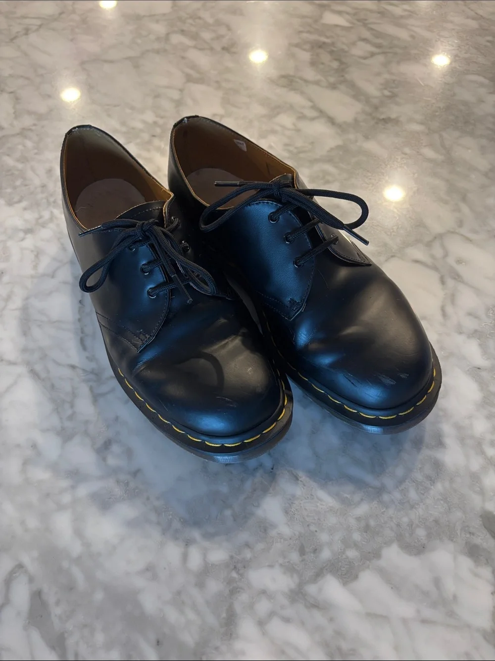 Dr. Martens Black Leather 3-Eye Derby Shoes with Yellow Stitching